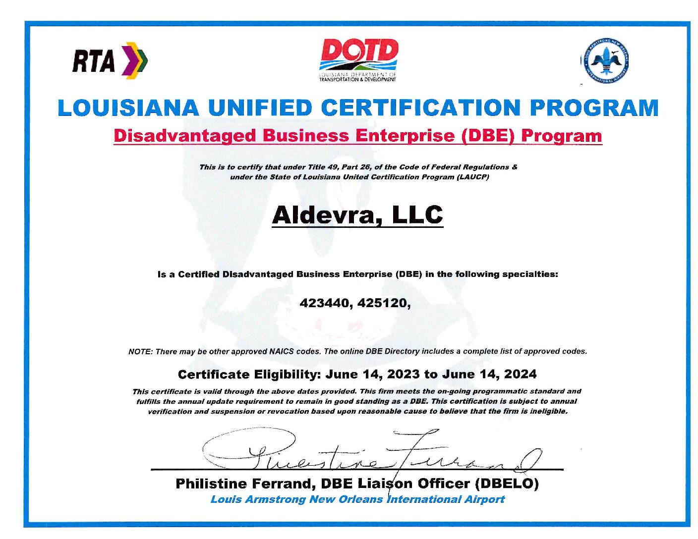 Aldevra Achieves Louisiana Disadvantaged Business Enterprise Certification from LANOIA and LAUCP