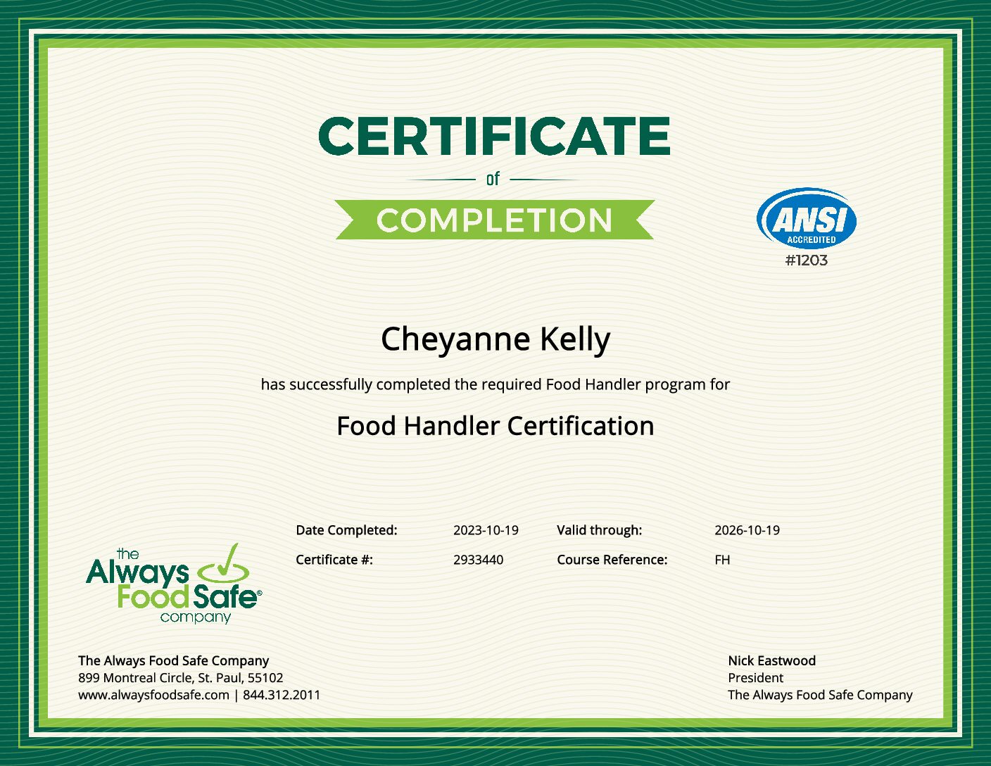 Always Food Safe Cert 2023