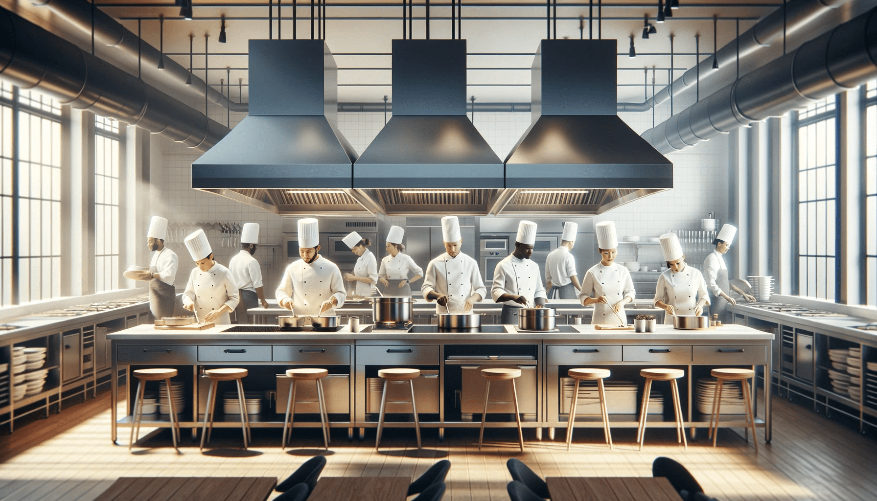 DALL·E 2024-01-08 16.00.17 - A serene, modern commercial kitchen featuring chefs of diverse descents and genders working efficiently. The kitchen includes a Type 1 Grease Hood ove