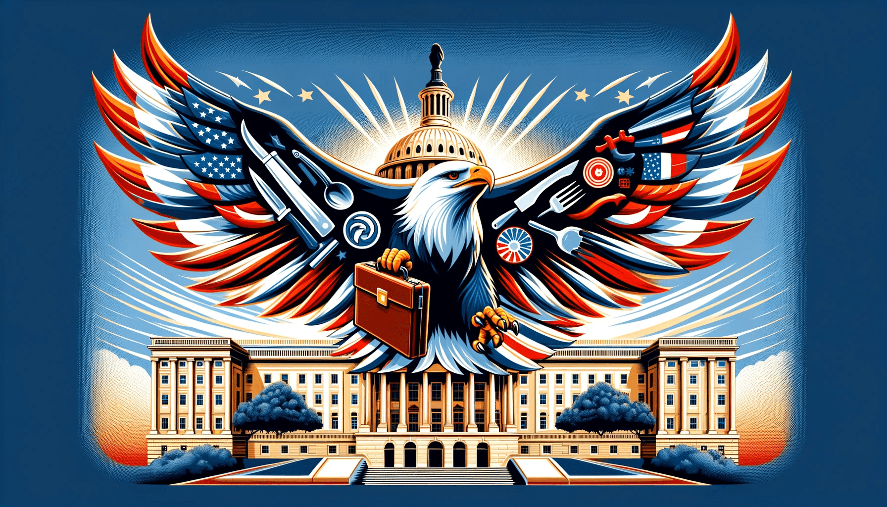 DALL·E 2024-01-10 17.22.04 - An eagle in flight, symbolizing freedom and strength, with a red, white, and blue theme, soaring above a government building to represent Aldevra's se