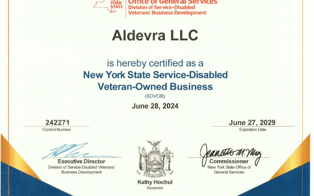 Aldevra Achieves New York State Service-Disabled Veteran-Owned Business Certification